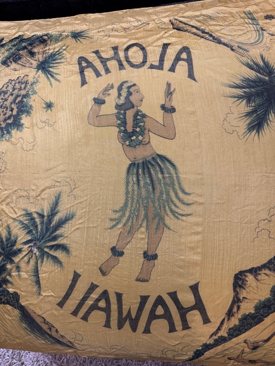 Vintage Aloha Hawaii Yellow Tropical Hula Scarf Embroidered Wall Art - Picture 2 of 10